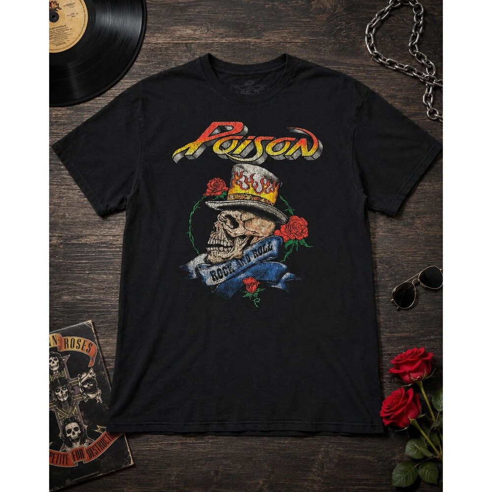 Poison Rock Band T Shirt Mens XL Black Skull Roses Rock & Roll Graphic Tee